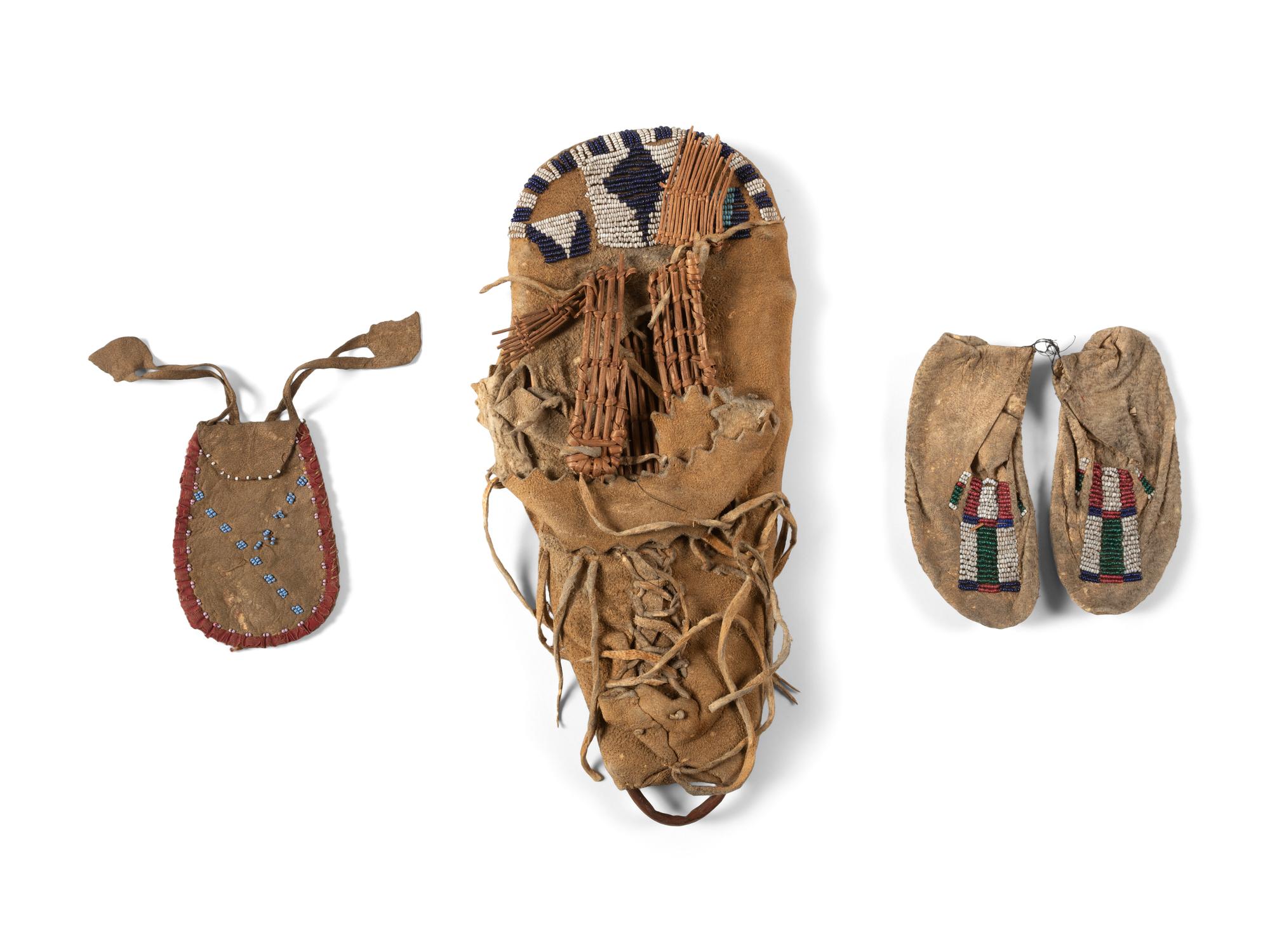 Paiute Doll Cradle, Apsáalooke [Crow] Child's Moccasins, and Beaded Pouch