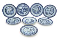 A Group of Eight Canton Blue and White Dinner Plates Diameter of largest 9 inches. — 19TH CENTURY