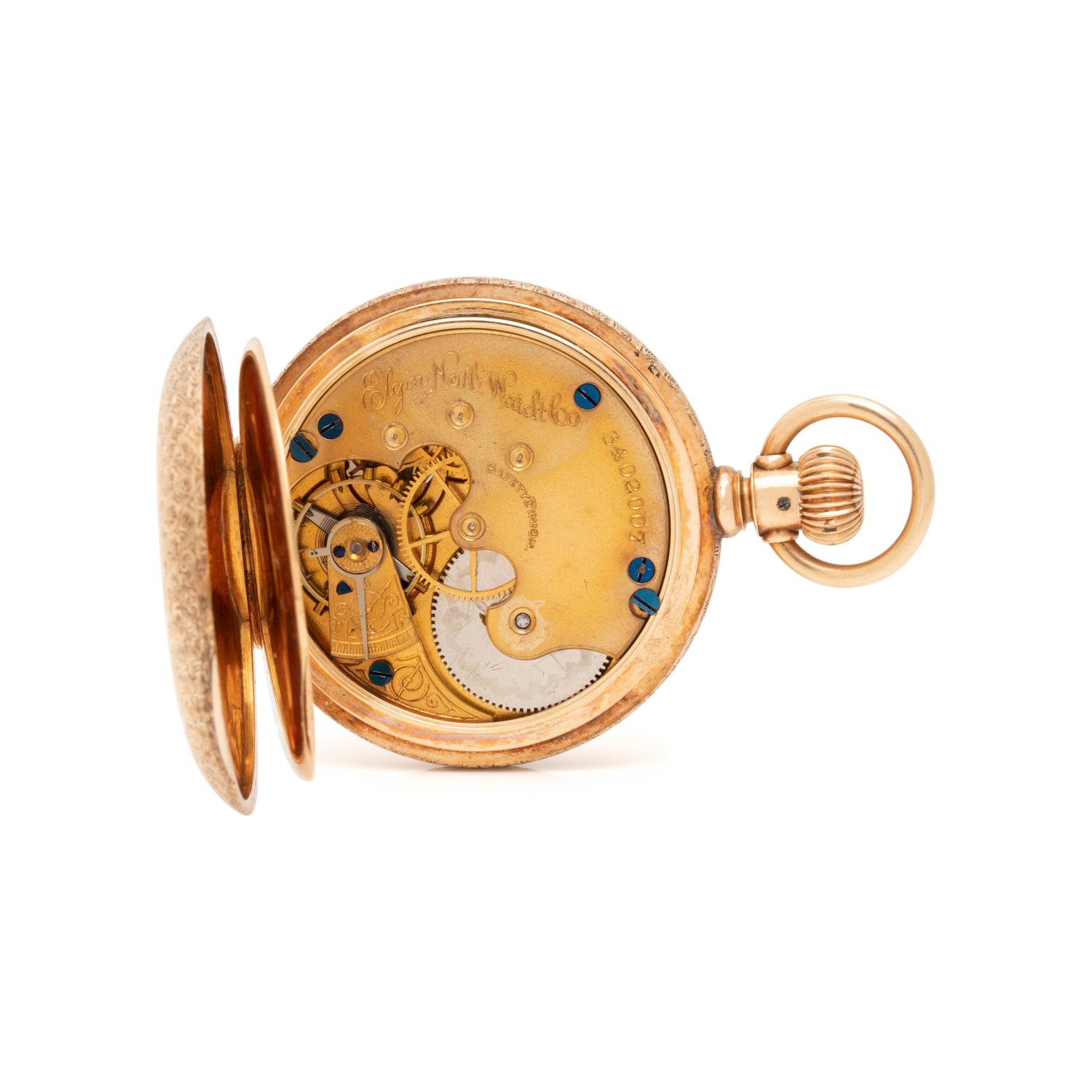 ELGIN, 14K YELLOW GOLD AND DIAMOND HUNTER CASE POCKET WATCH