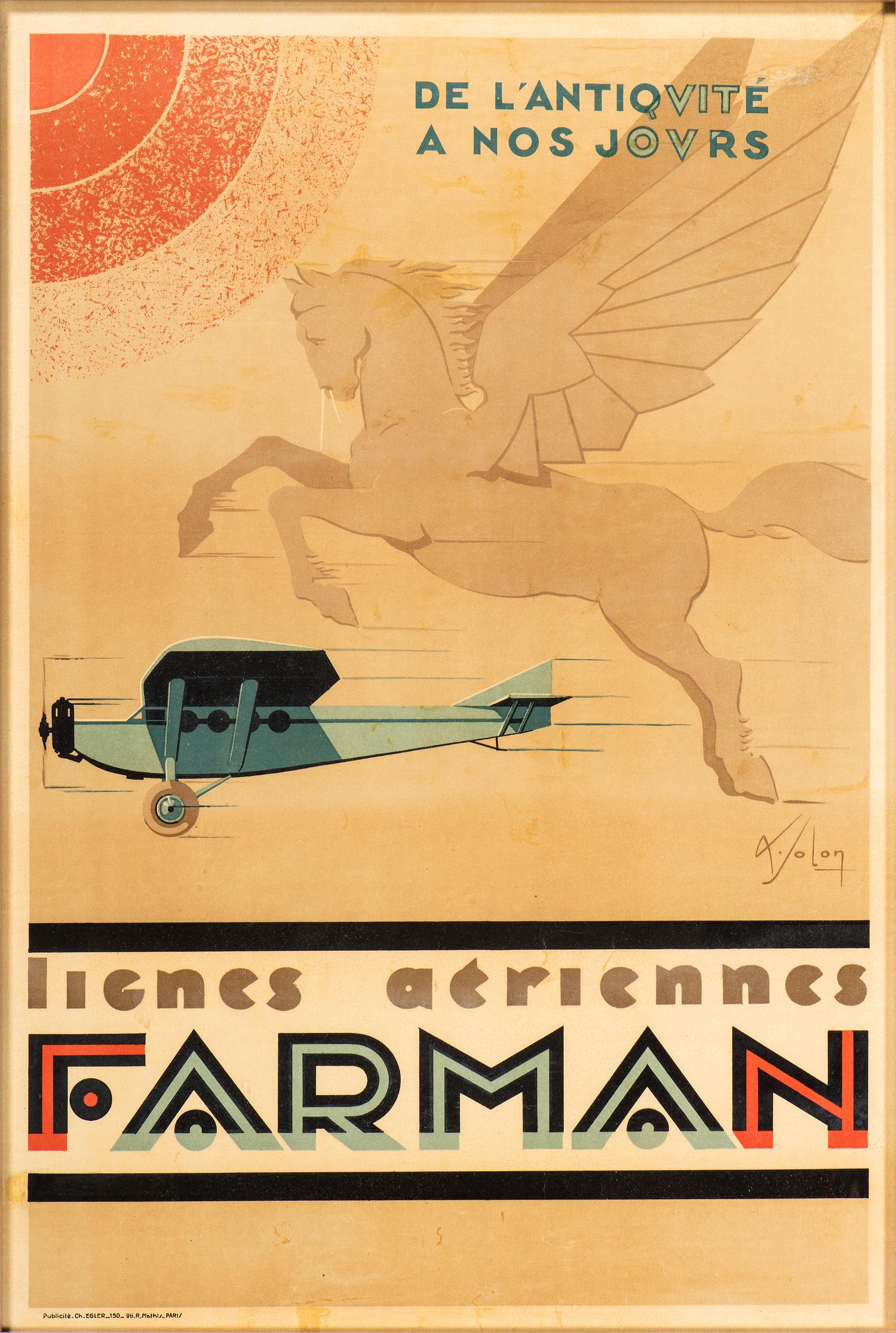 [TRANSPORTATION - AVIATION]. SOLON, Albert, artist. Lignes Aeriennes Farman / De L’Antiquite a Nos Jours . Paris: Publicite Ch. Egler, ca 1920s.