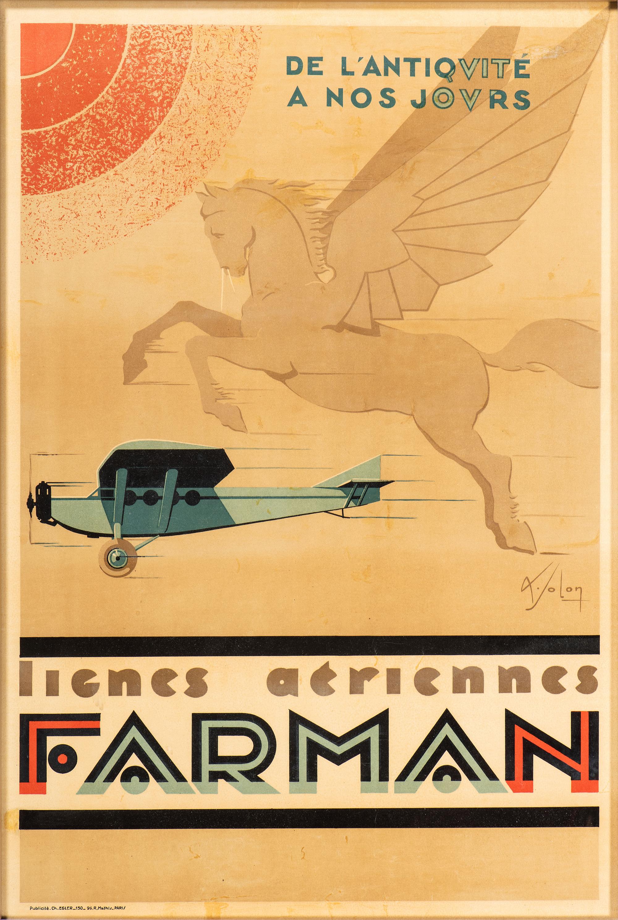 [TRANSPORTATION - AVIATION]. SOLON, Albert, artist. Lignes Aeriennes Farman / De L’Antiquite a Nos Jours . Paris: Publicite Ch. Egler, ca 1920s.