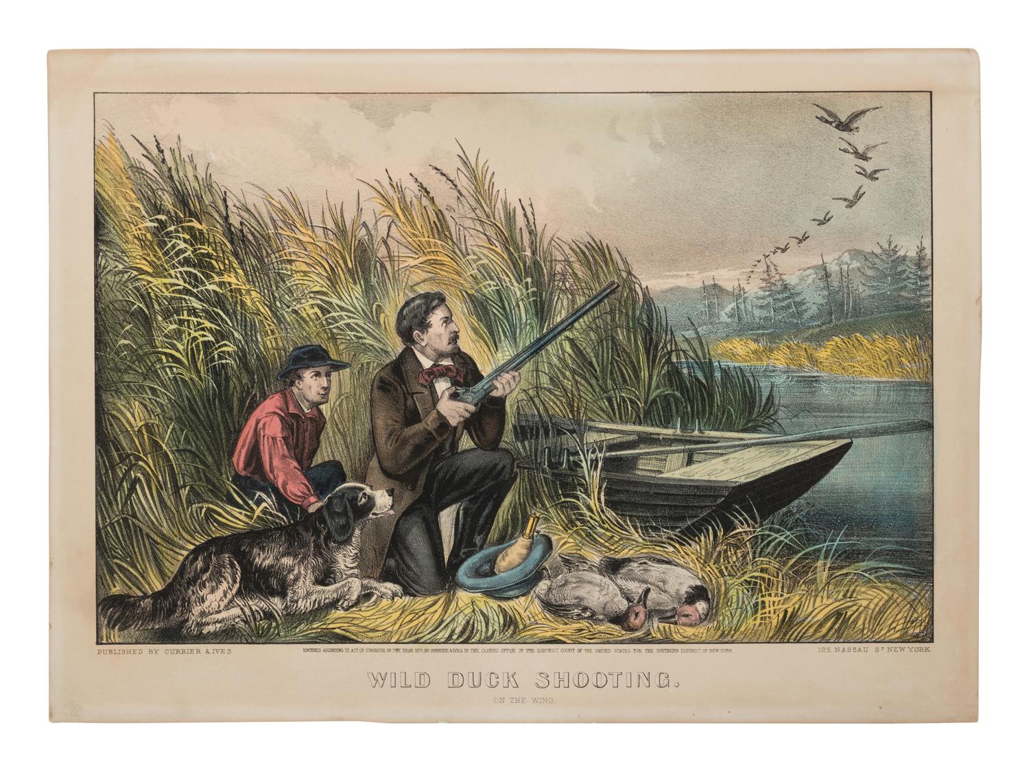 [HUNTING & SPORTING SCENES] -- CURRIER and IVES, publishers Deer Shooting. In the Northern Woods, n.d. (G.1672). -- And another copy. -- Partridge Shooting, No. 174, 1855. (G.5113). -- Partridge Shooting, 1870.(G. 5115). -- Wild Duck Shooting. On the Wing, 1870. (G.7213). -- The Rubber. "Put to His Trumps," n.d. (G.5687).