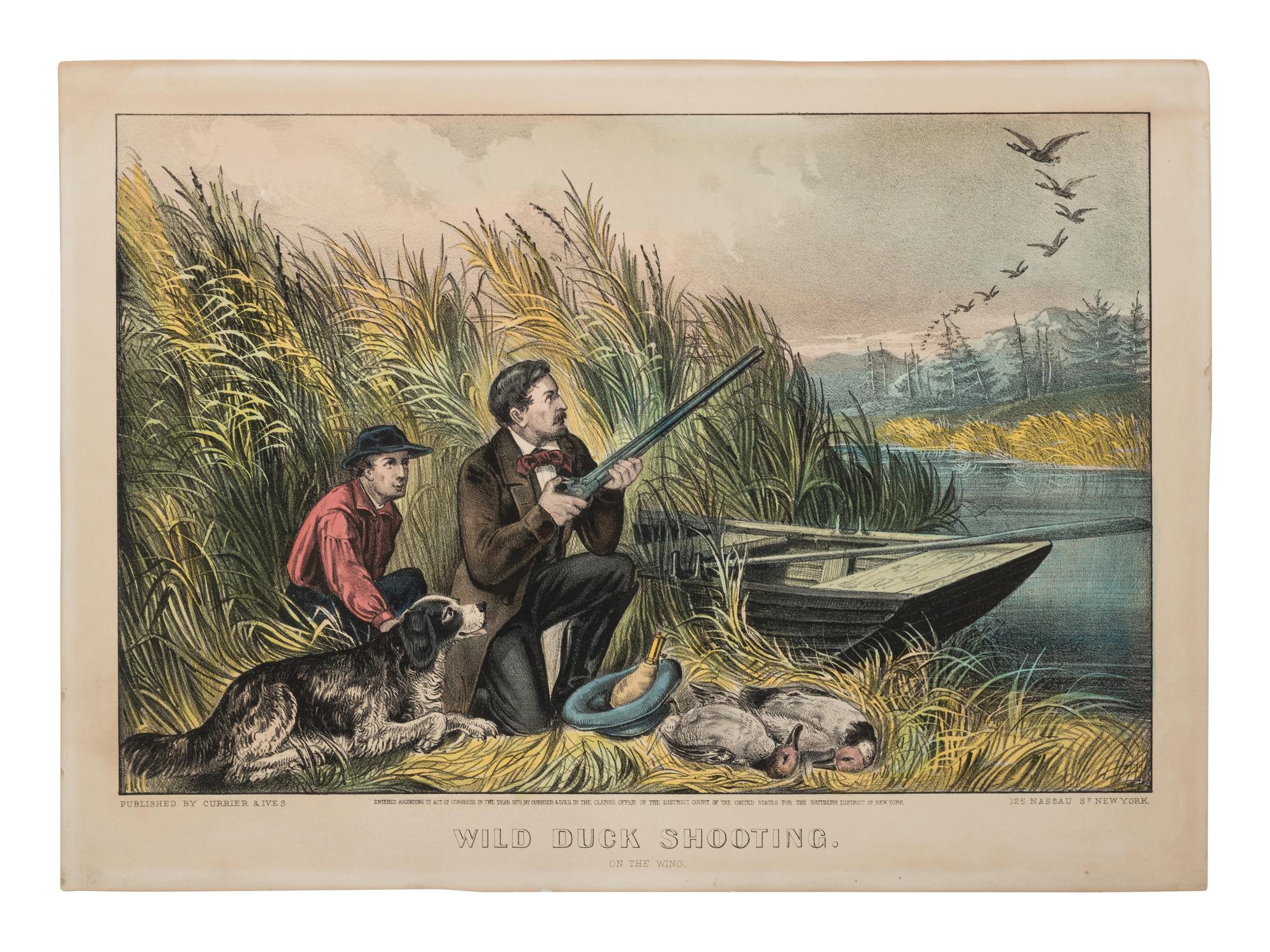 [HUNTING & SPORTING SCENES] -- CURRIER and IVES, publishers Deer Shooting. In the Northern Woods, n.d. (G.1672). -- And another copy. -- Partridge Shooting, No. 174, 1855. (G.5113). -- Partridge Shooting, 1870.(G. 5115). -- Wild Duck Shooting. On the Wing, 1870. (G.7213). -- The Rubber. "Put to His Trumps," n.d. (G.5687).