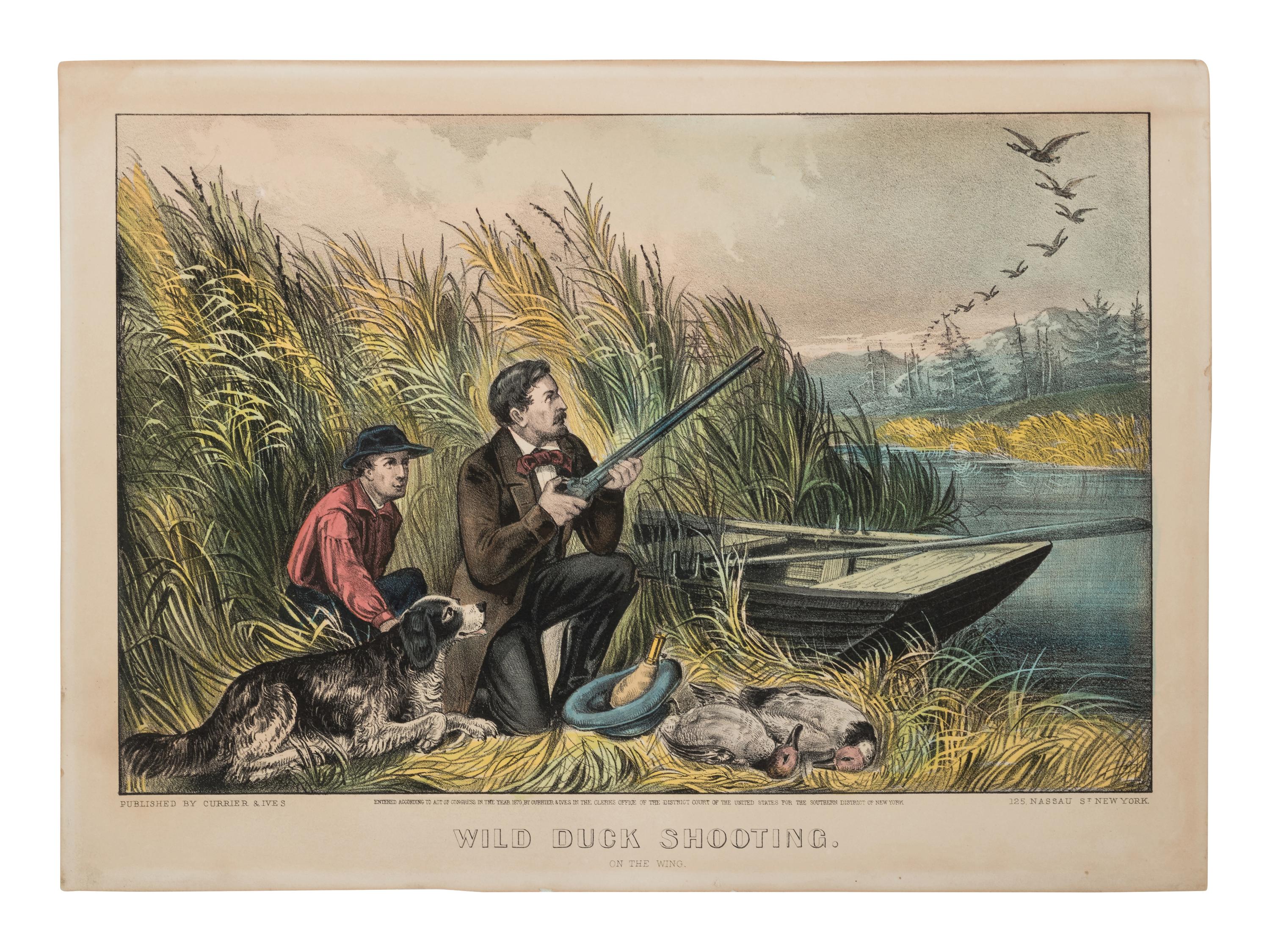 [HUNTING & SPORTING SCENES] -- CURRIER and IVES, publishers Deer Shooting. In the Northern Woods, n.d. (G.1672). -- And another copy. -- Partridge Shooting, No. 174, 1855. (G.5113). -- Partridge Shooting, 1870.(G. 5115). -- Wild Duck Shooting. On the Wing, 1870. (G.7213). -- The Rubber. "Put to His Trumps," n.d. (G.5687).