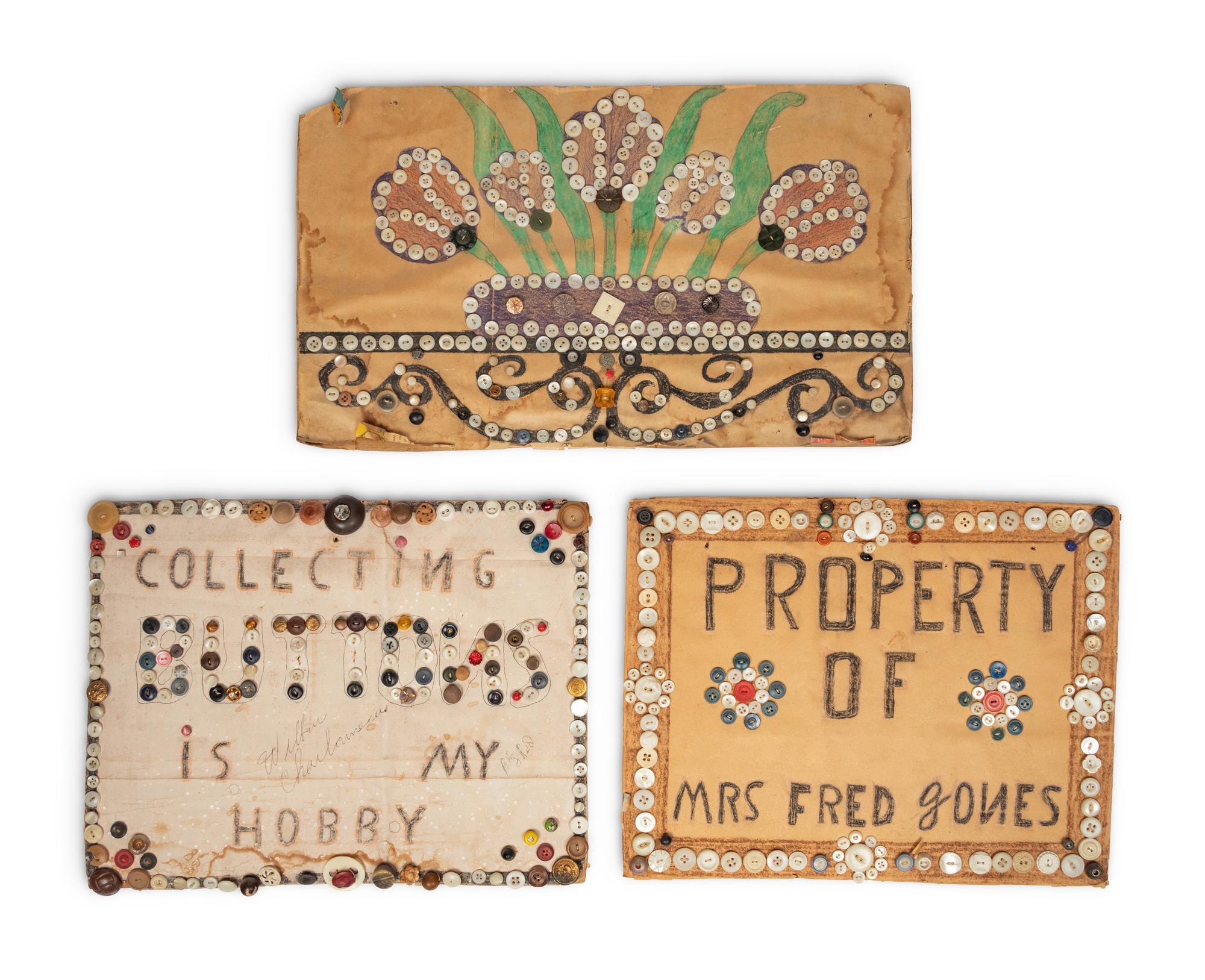 Collecting Buttons Is My Hobby, Property of Mrs. Fred Jones and Untitled (Flowers) (three works)