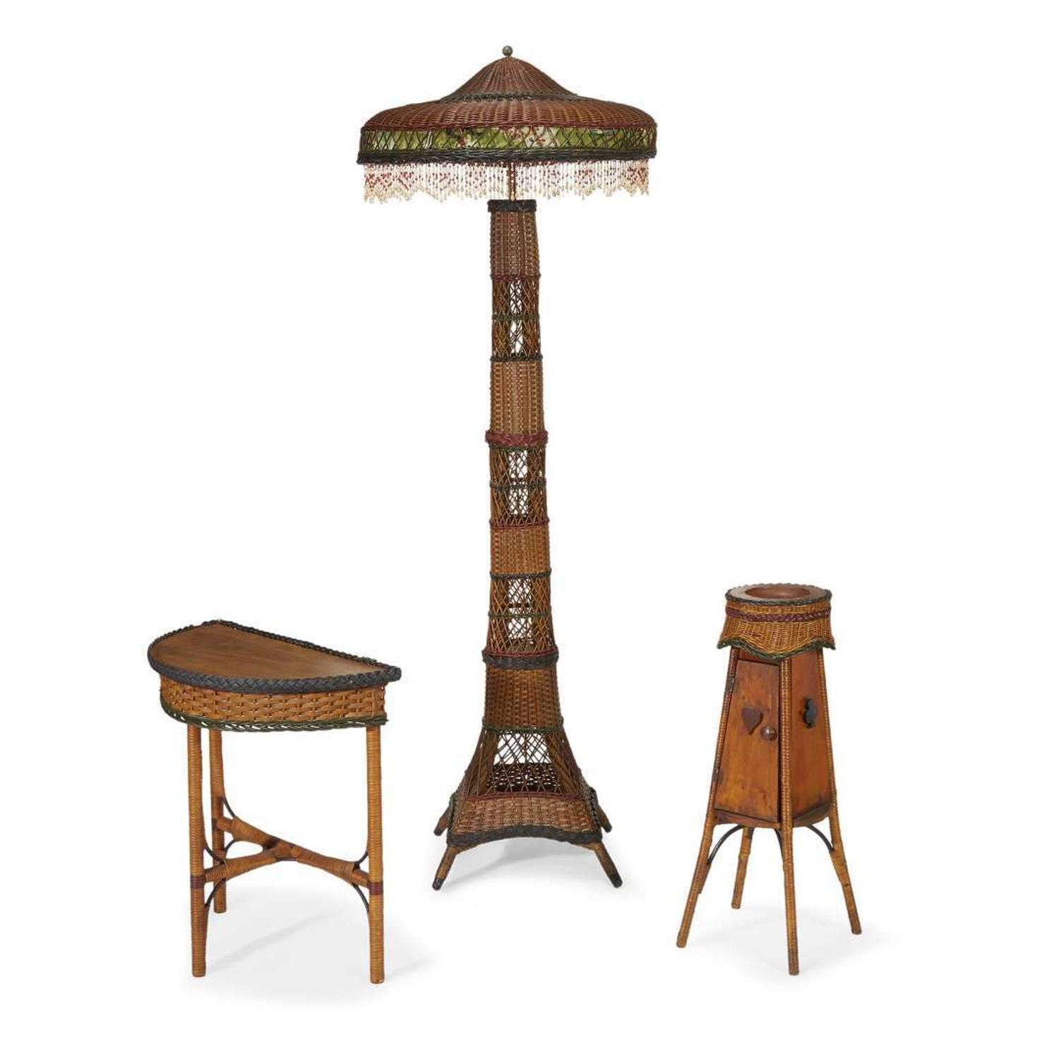 A polychrome painted wicker floor lamp, demilune side table and smoker's stand american, circa 1900
