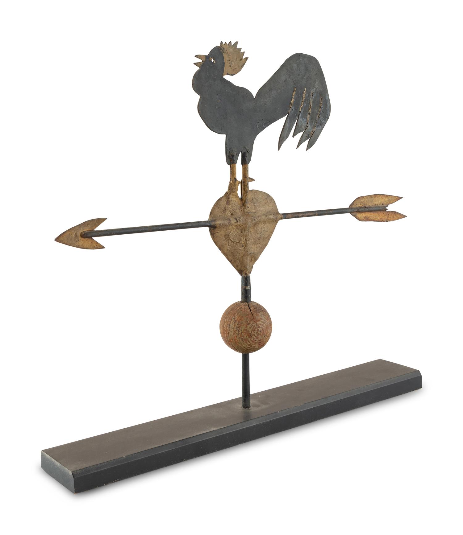 A Parcel Gilt Cut Sheet Iron Rooster on Heart Weathervane