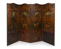 An English Painted Leather Four Panel Floor Screen — 19TH CENTURY
