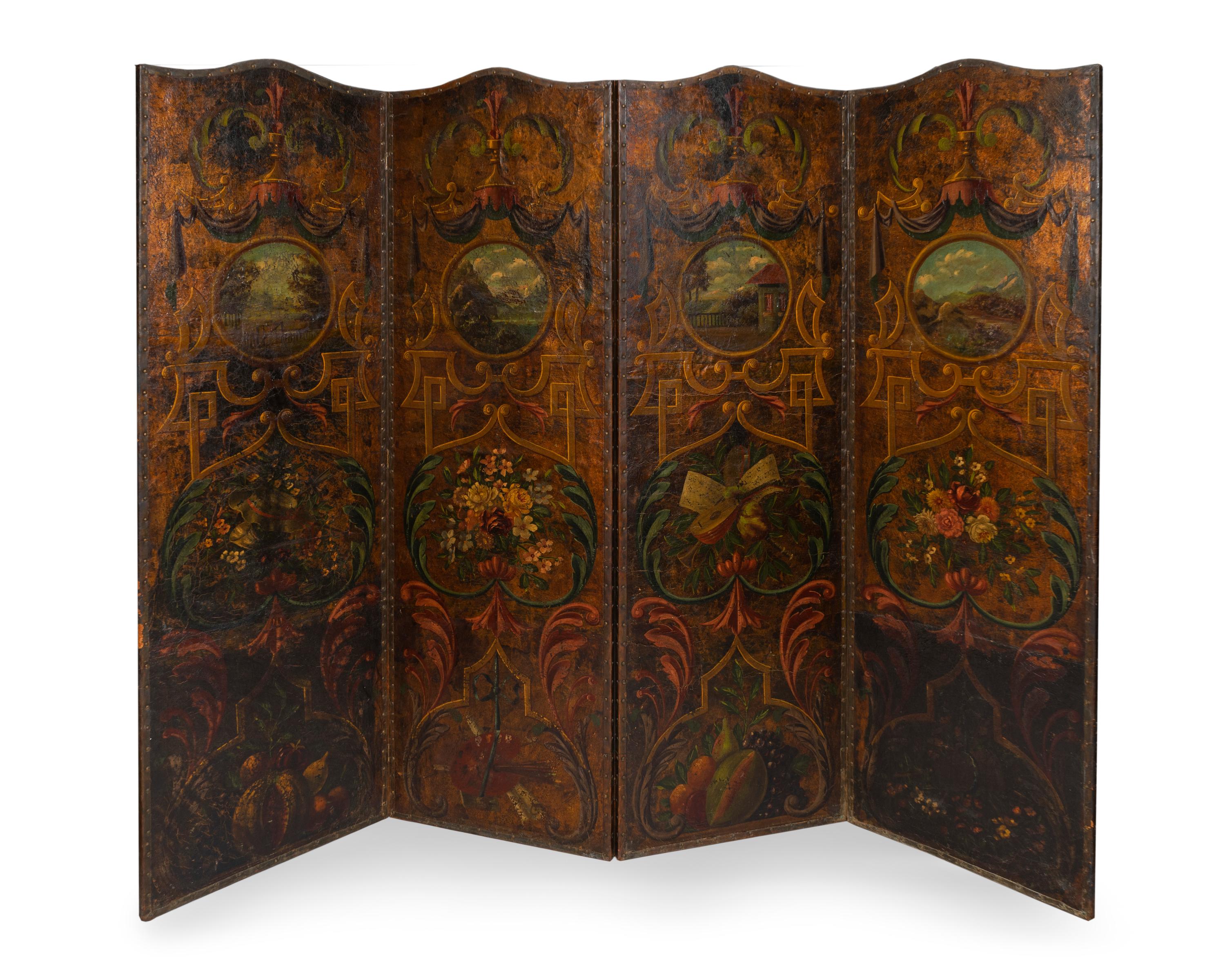 An English Painted Leather Four Panel Floor Screen — 19TH CENTURY
