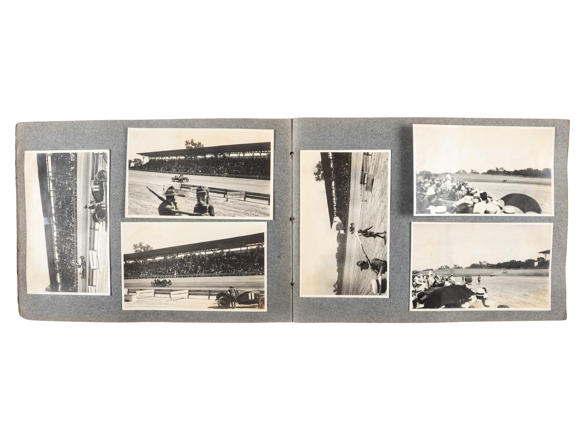 [EARLY PHOTOGRAPHY]. Album containing photographs of an early NASCAR race featuring future World War I Fighting Ace Eddie Rickenbacker.