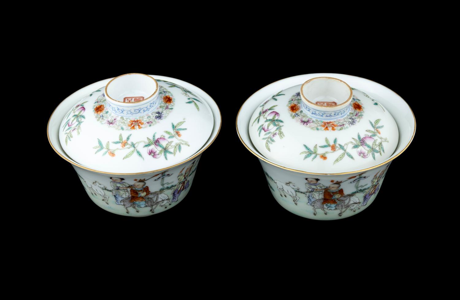 A Pair of Chinese Famille Rose Porcelain Covered Tea Bowls and Undertrays