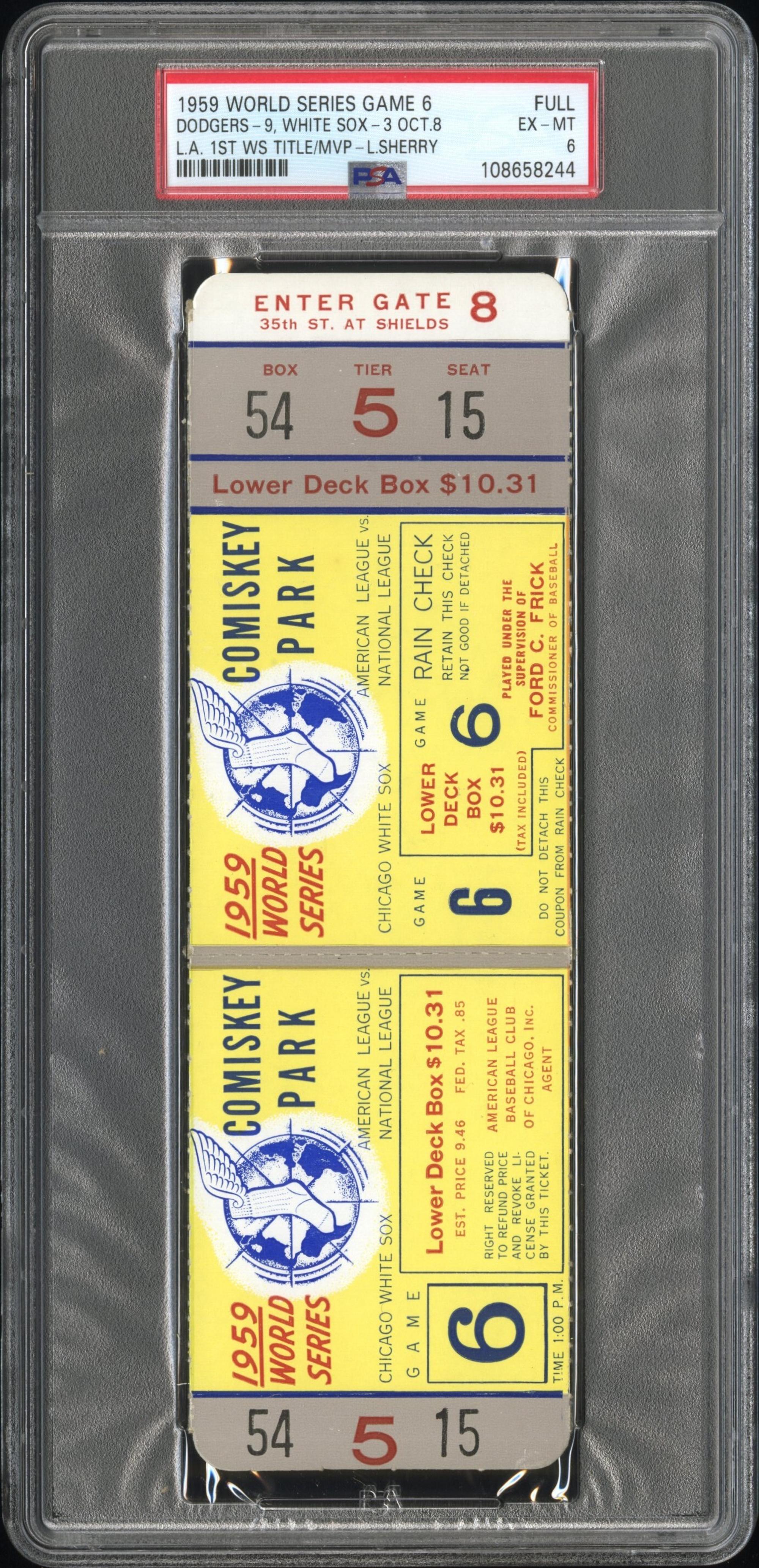 A 1959 World Series Game Six Full Ticket - First Dodgers World Series Championship in Los Angeles (PSA 6 EX-MT) - POP Seven