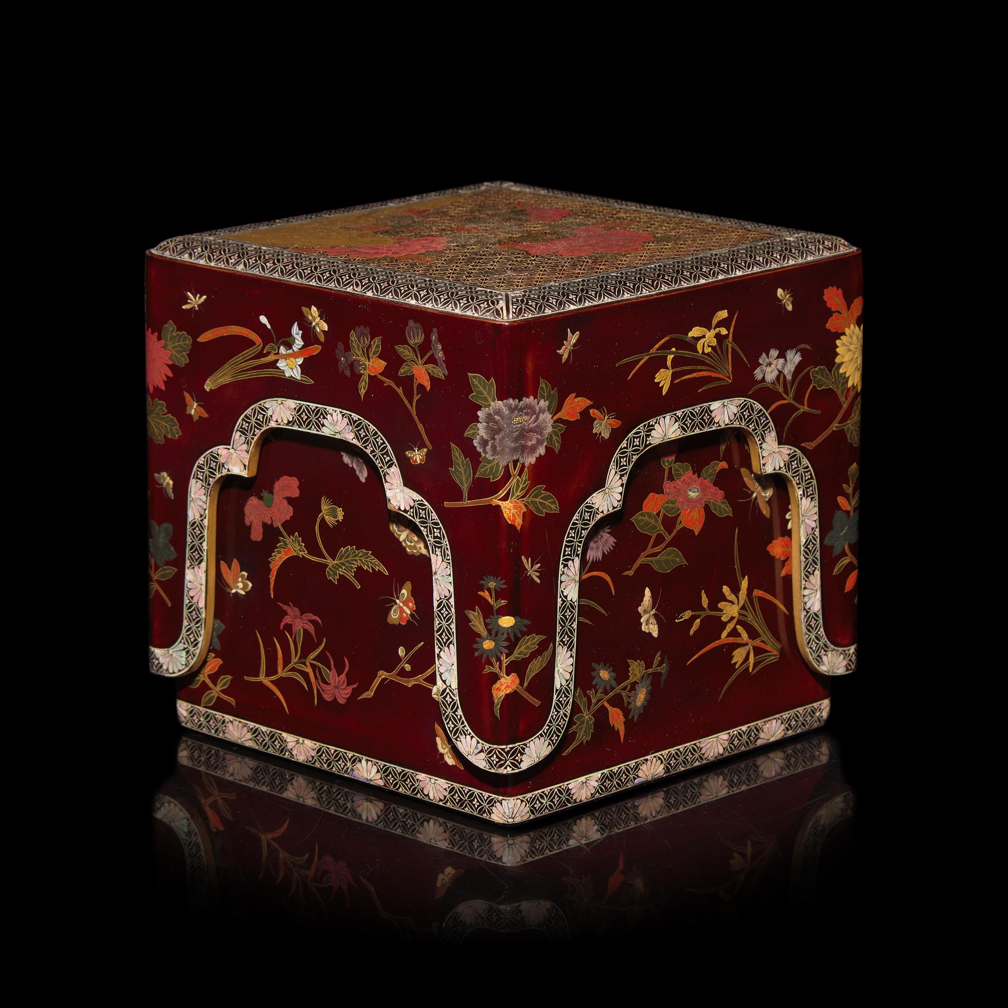 An Unusual Japanese Lacquer Box and Cover, Edo Period, 18th/Early 19th Century — 日本江戶時代 朱漆描金嵌螺鈿蓋盒