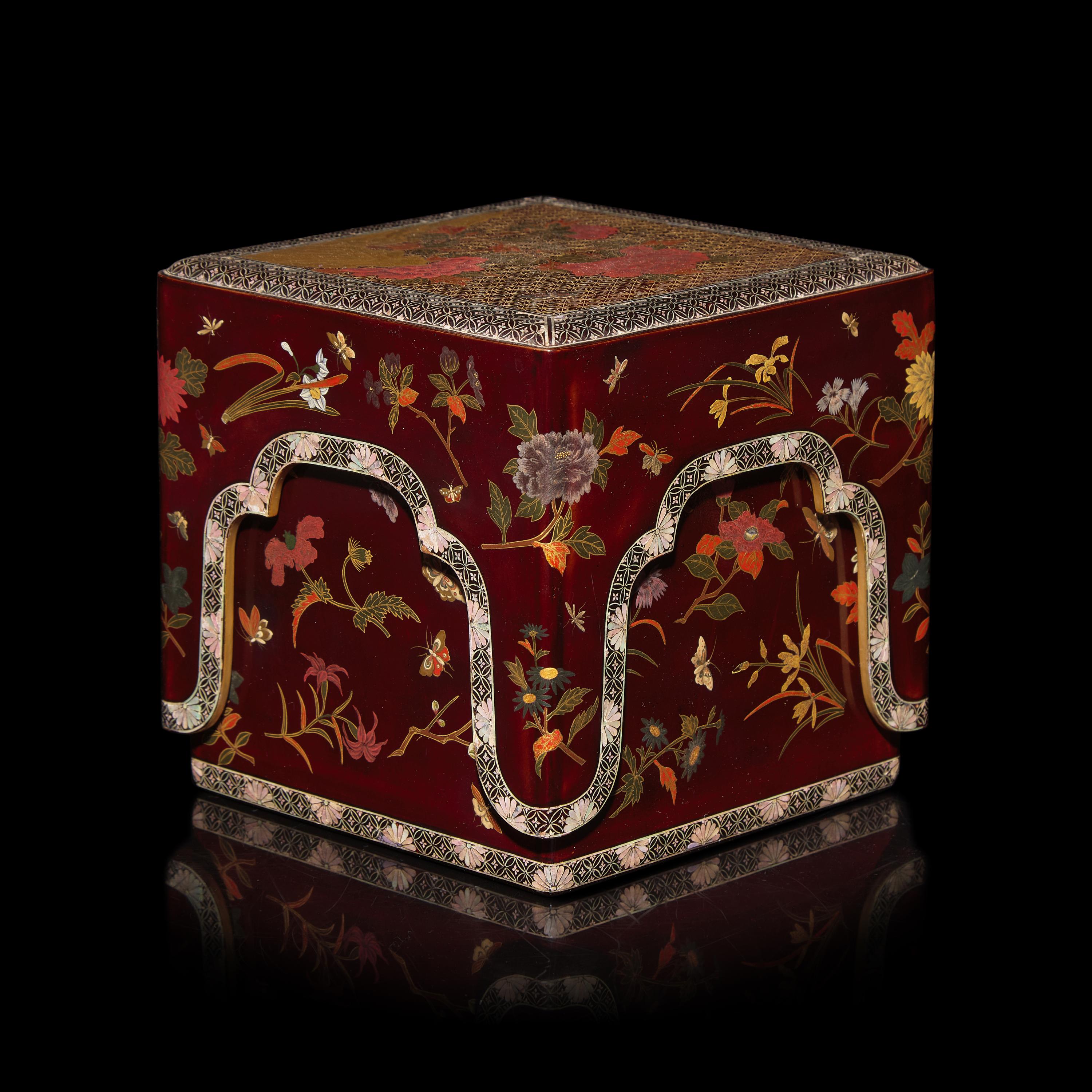 An Unusual Japanese Lacquer Box and Cover, Edo Period, 18th/Early 19th Century — 日本江戶時代 朱漆描金嵌螺鈿蓋盒