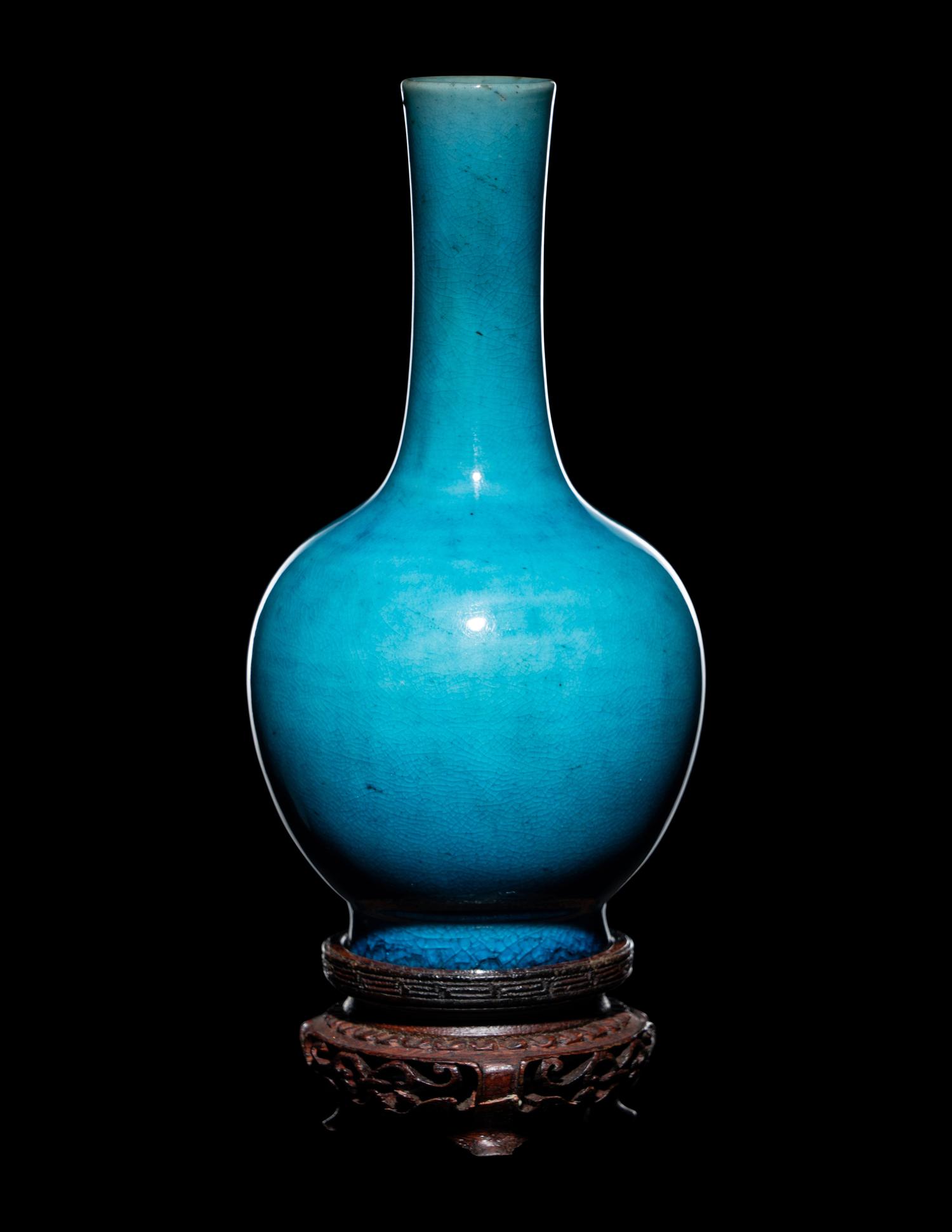 A Pair of Chinese Turquoise Glazed Porcelain Bottle Vases