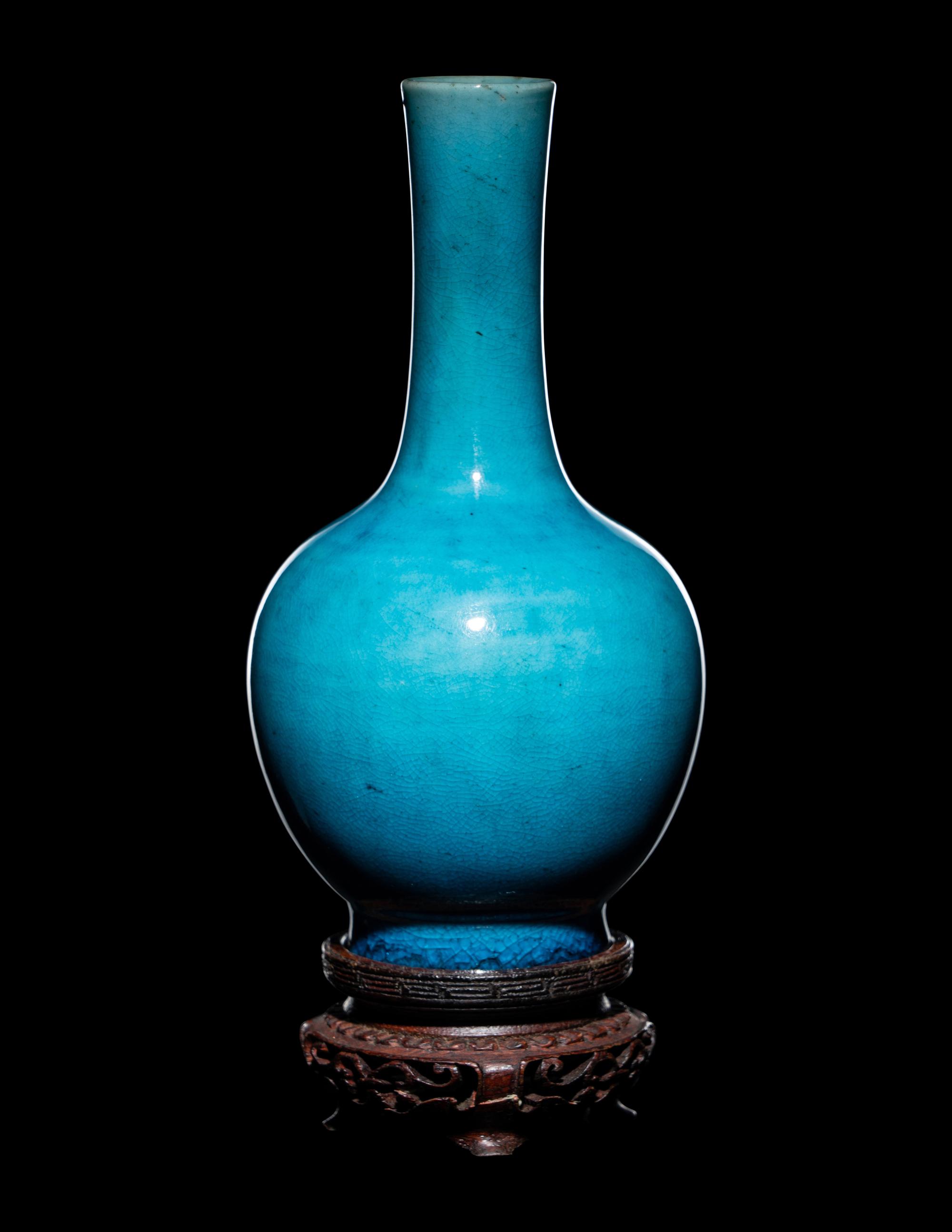 A Pair of Chinese Turquoise Glazed Porcelain Bottle Vases