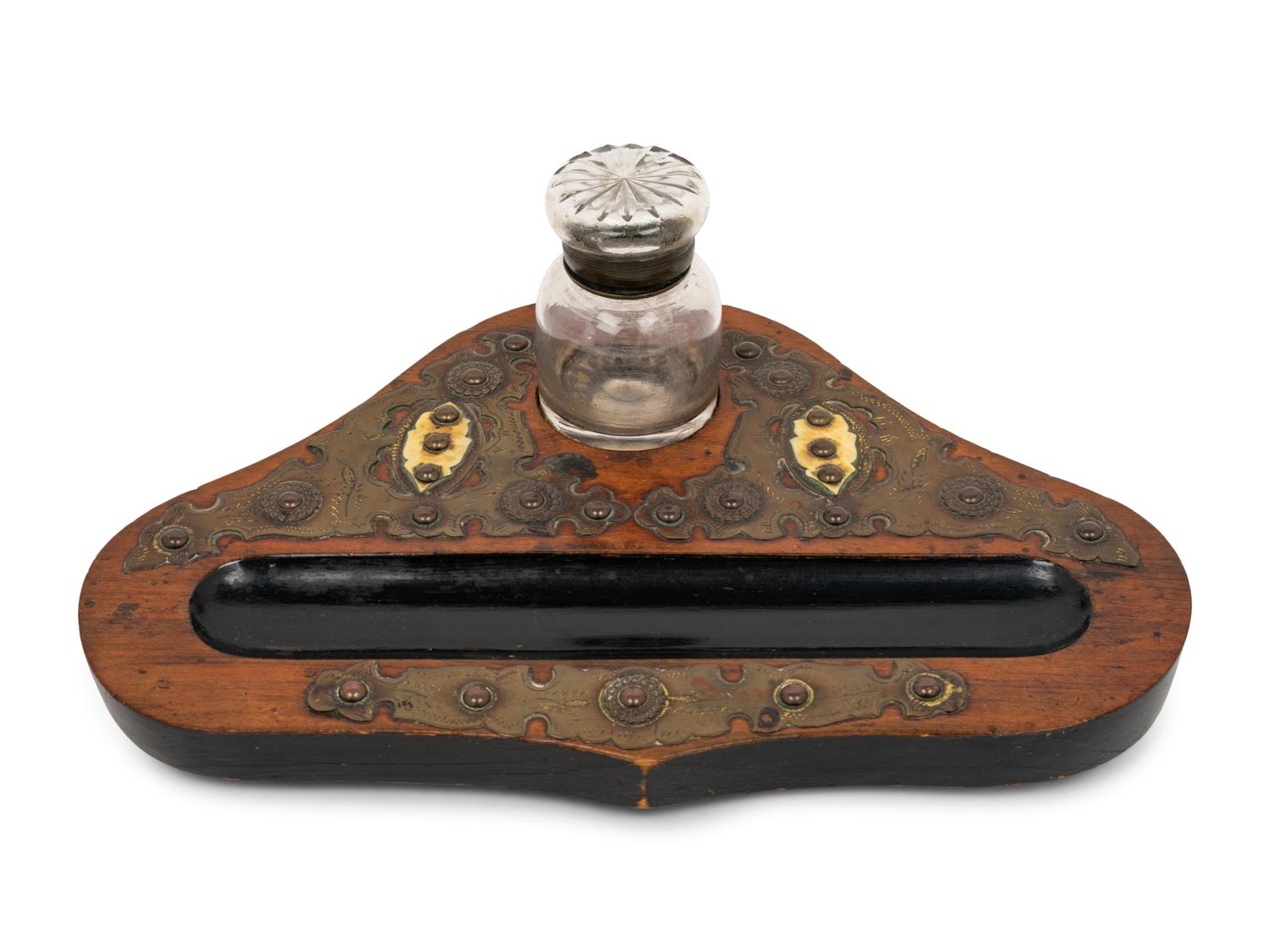 A Victorian Brass-Mounted Walnut Ink Stand