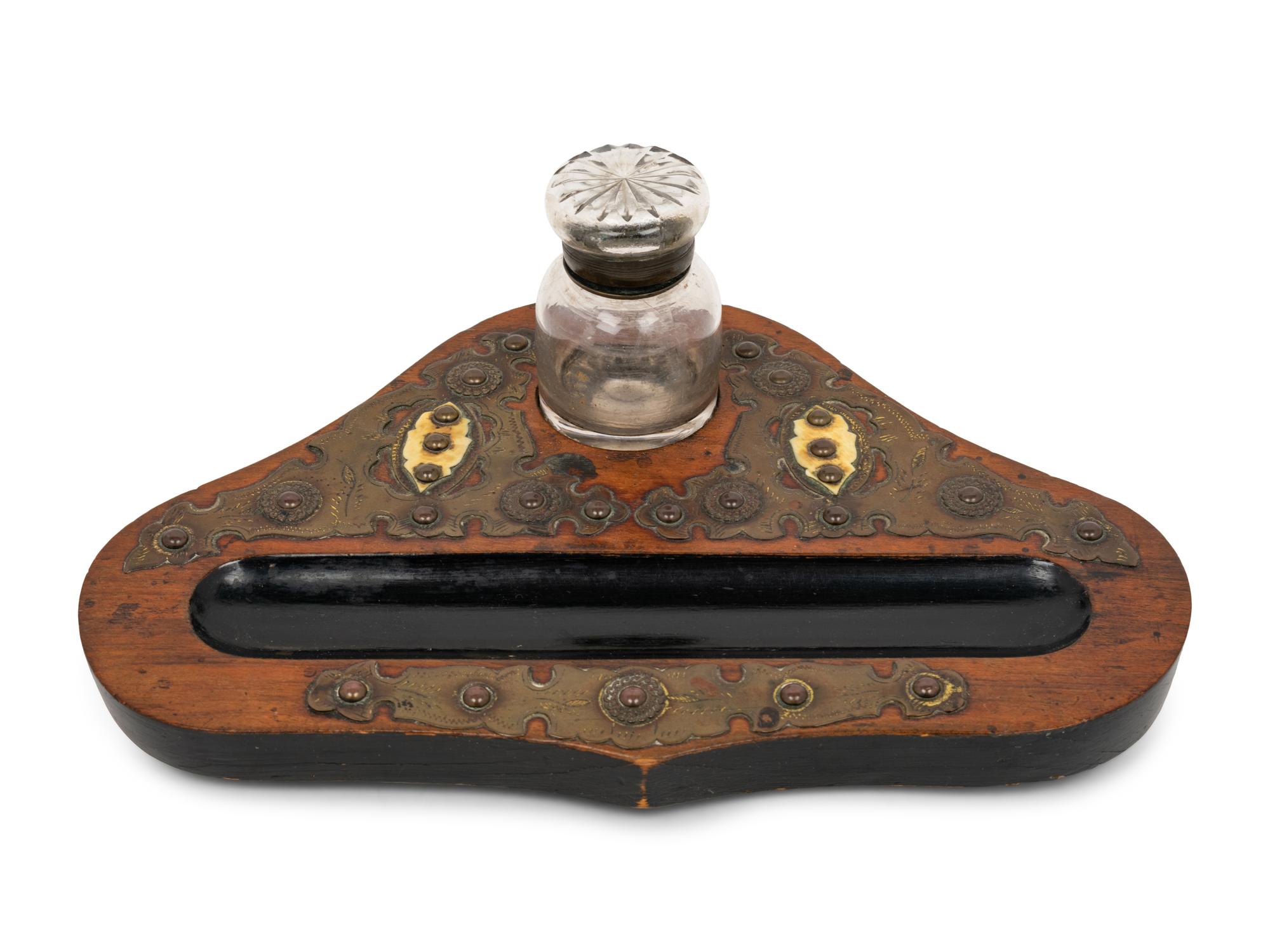 A Victorian Brass-Mounted Walnut Ink Stand