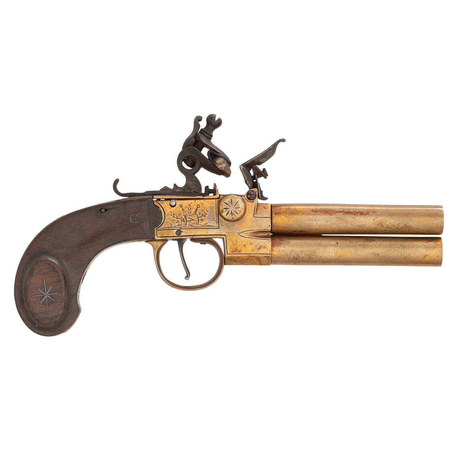 Brass Flintlock Double Barrel Tap Action Turn Off Pistol