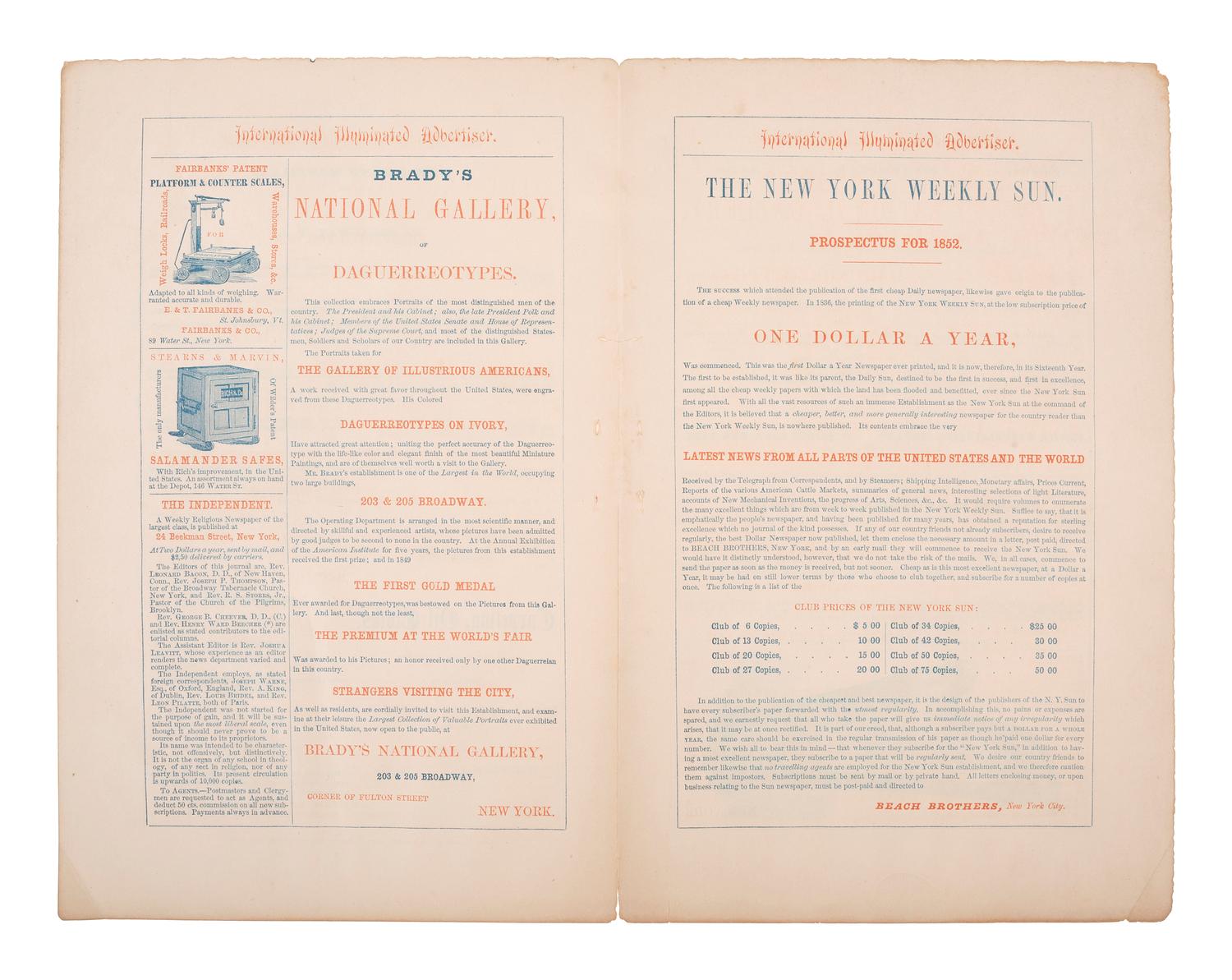 [BRADY, Mathew (ca. 1822-1896)]. Advertisement for Brady's National Gallery of Daguerreotypes.