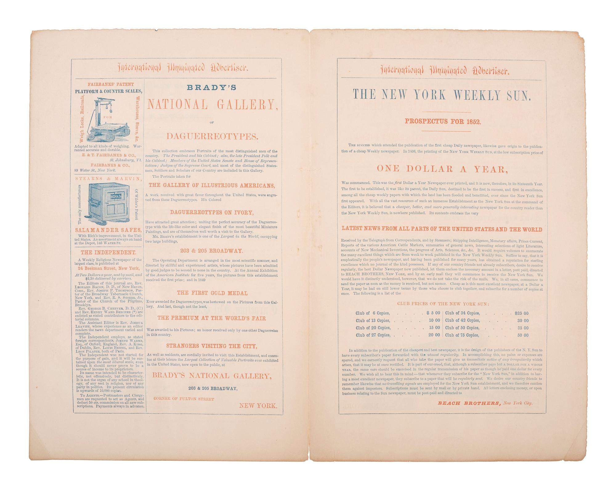 [BRADY, Mathew (ca. 1822-1896)]. Advertisement for Brady's National Gallery of Daguerreotypes.