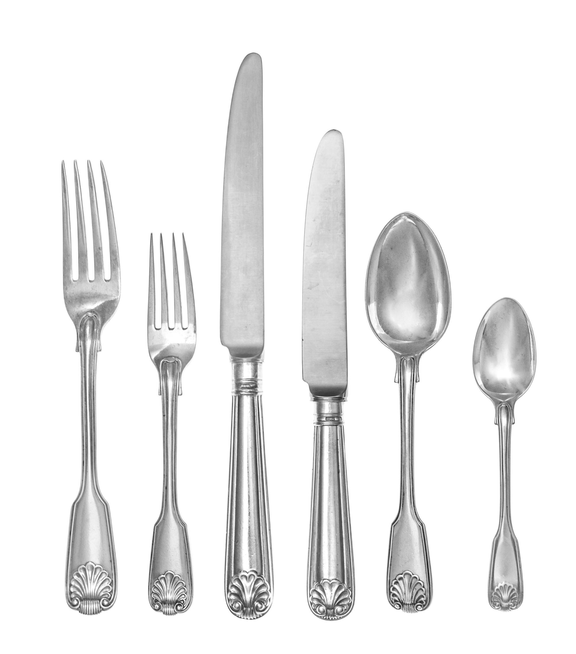 A Victorian Silver Flatware Service, Various Makers, Shell, Fiddle and Thread pattern, comprising: 12 dinner knives 12 luncheon knives
