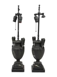 A Pair of Grand Tour Style Cast Metal Urns Mounted as Lamps with Marble Bases