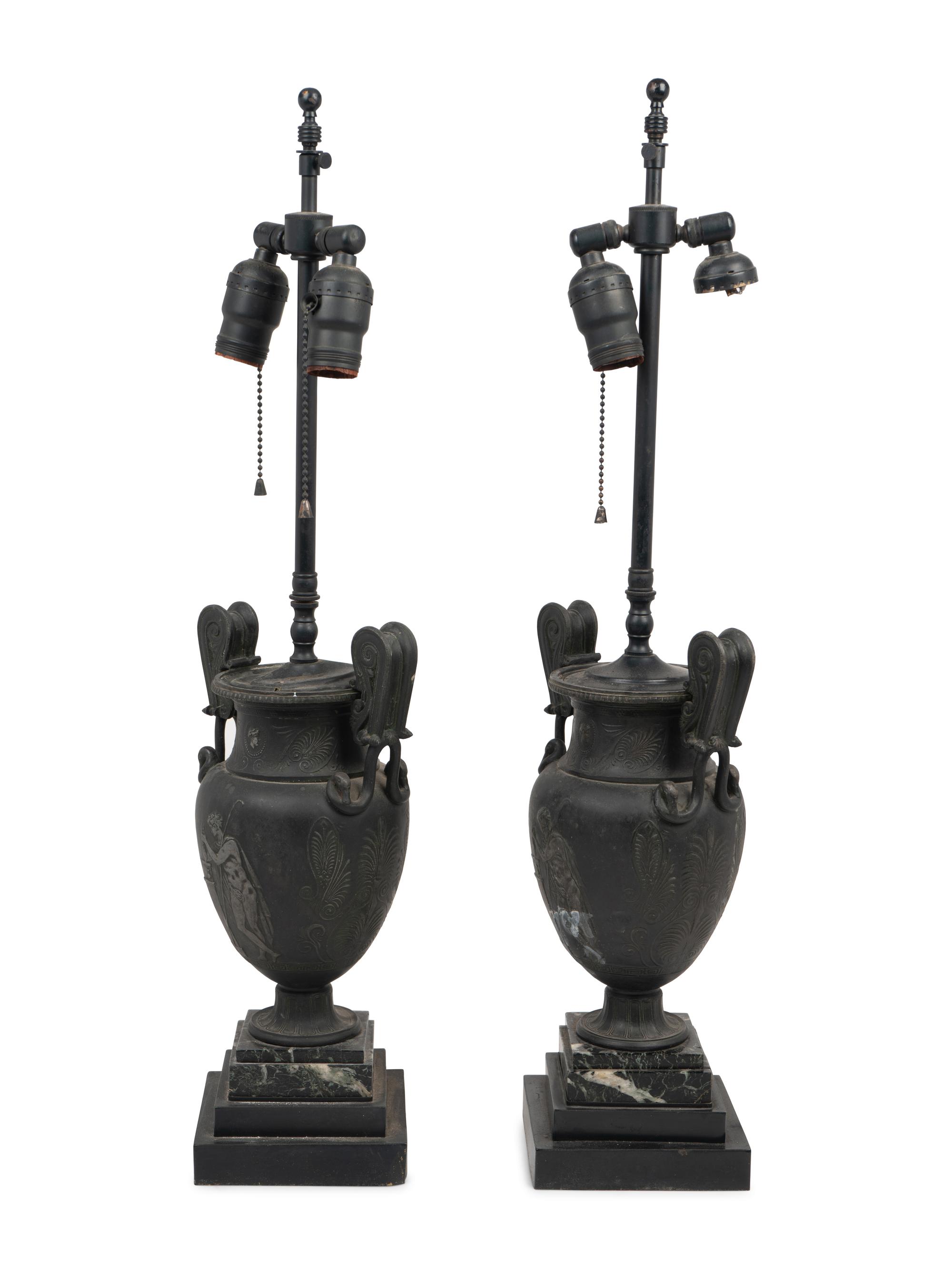 A Pair of Grand Tour Style Cast Metal Urns Mounted as Lamps with Marble Bases