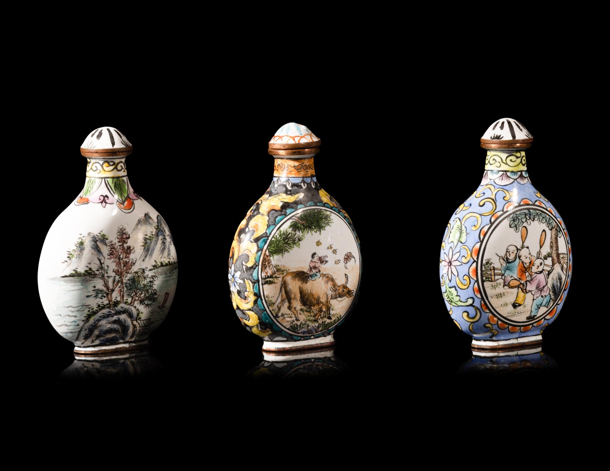 Three Chinese Canton Enamel on Metal Snuff Bottles