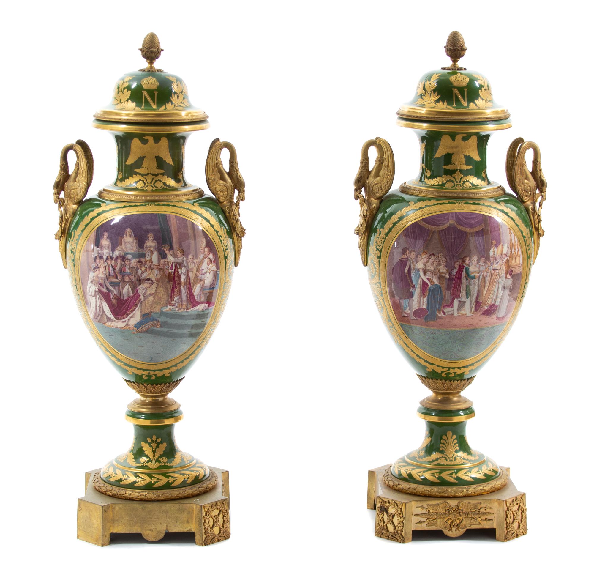A Pair of Monumental Gilt Bronze Mounted Sevres Style Porcelain Napoleonic Urns Height 41 1/2 inches. — 19TH CENTURY