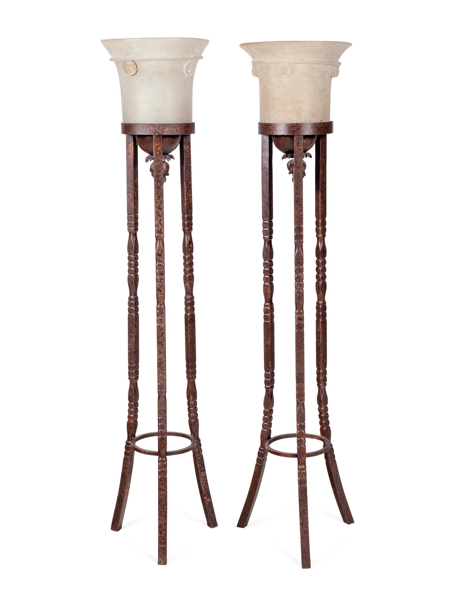 A Pair of Neoclassical Style Patinated Cast Metal and Murano Glass Torchères