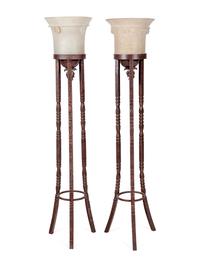 A Pair of Neoclassical Style Patinated Cast Metal and Murano Glass Torchères