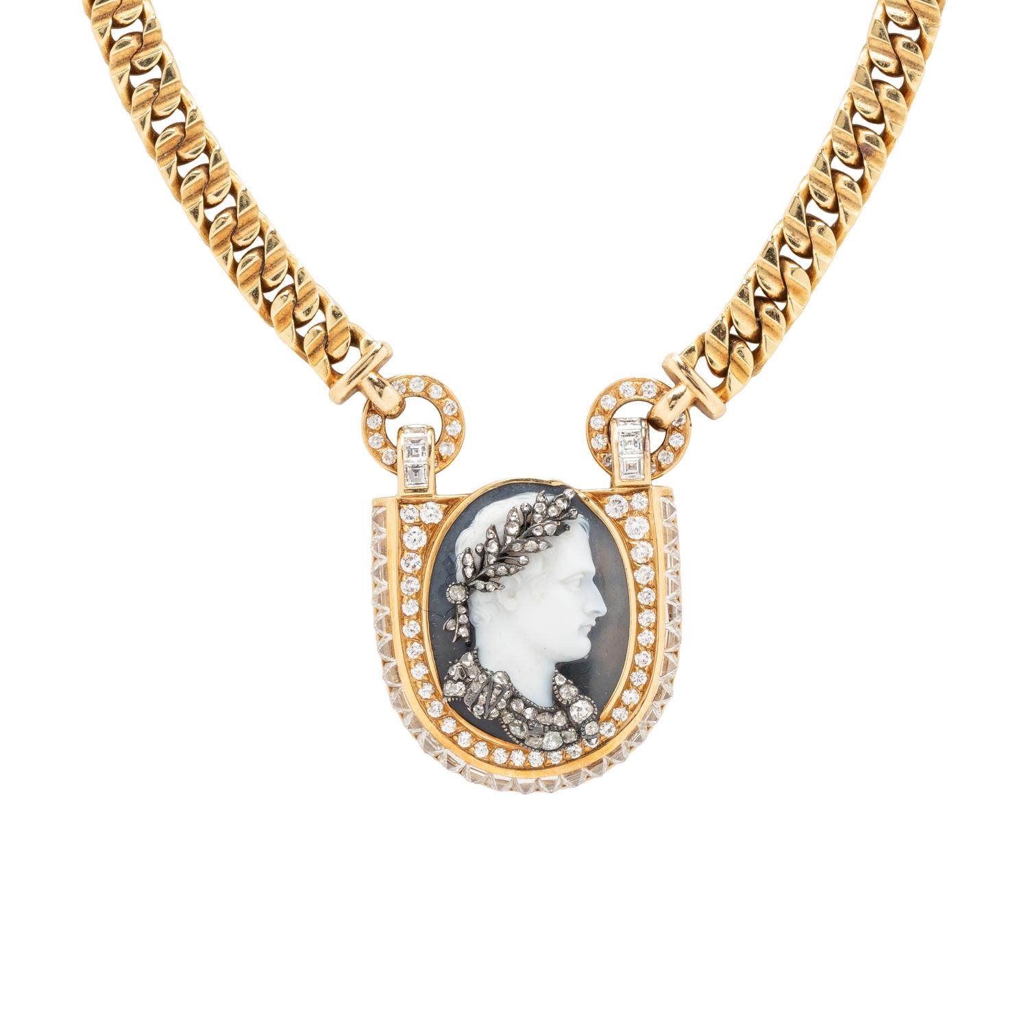 BULGARI, AGATE CAMEO, DIAMOND AND YELLOW GOLD NECKLACE