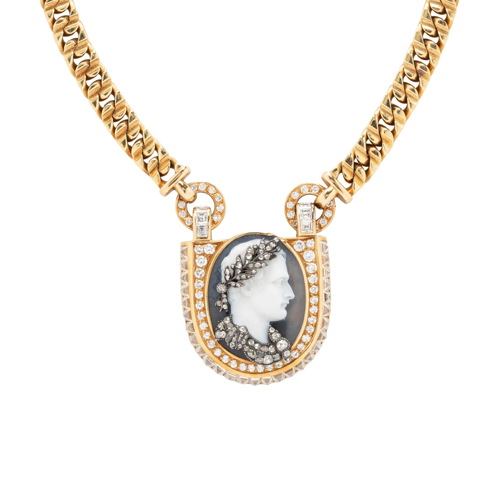 BULGARI, AGATE CAMEO, DIAMOND AND YELLOW GOLD NECKLACE