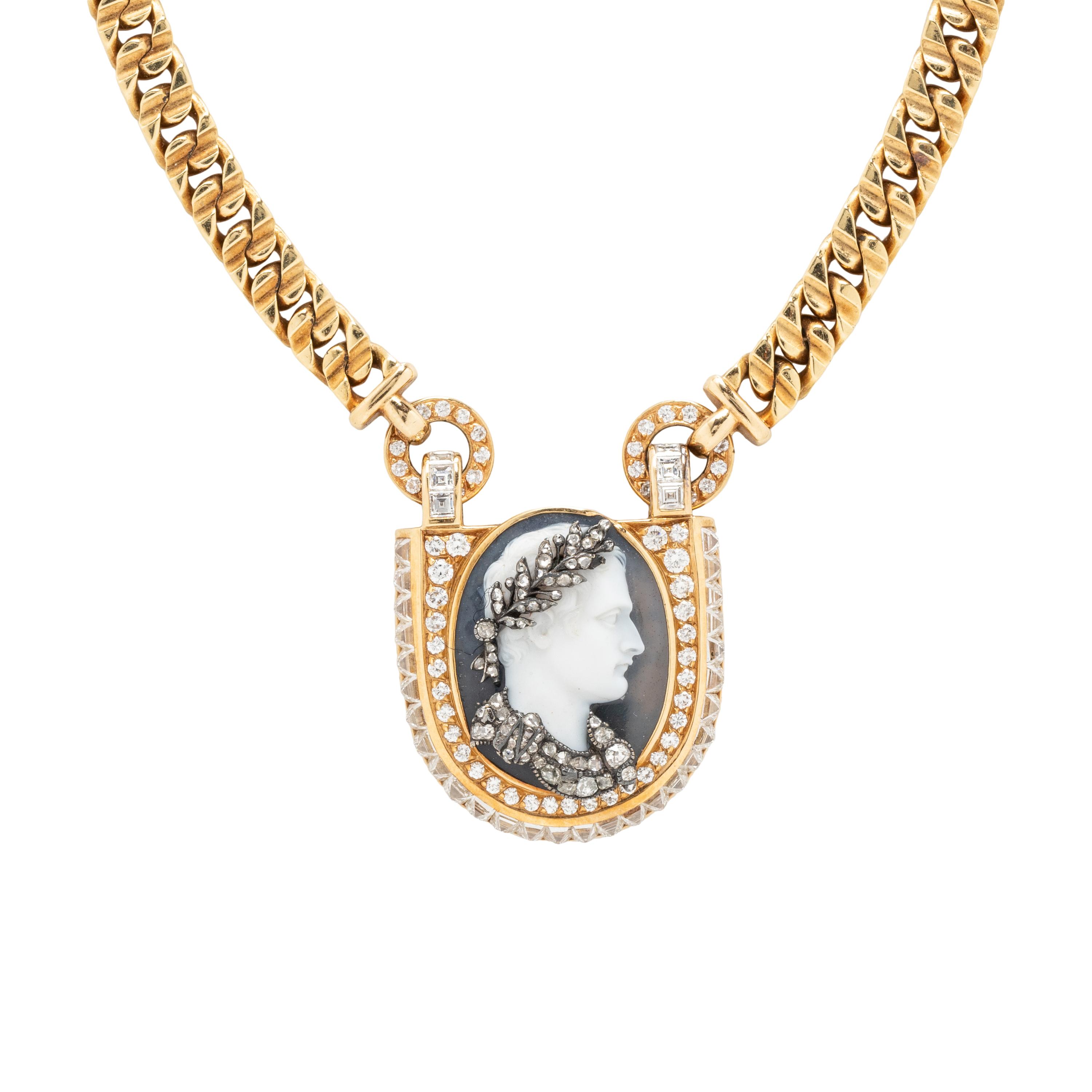 BULGARI, AGATE CAMEO, DIAMOND AND YELLOW GOLD NECKLACE