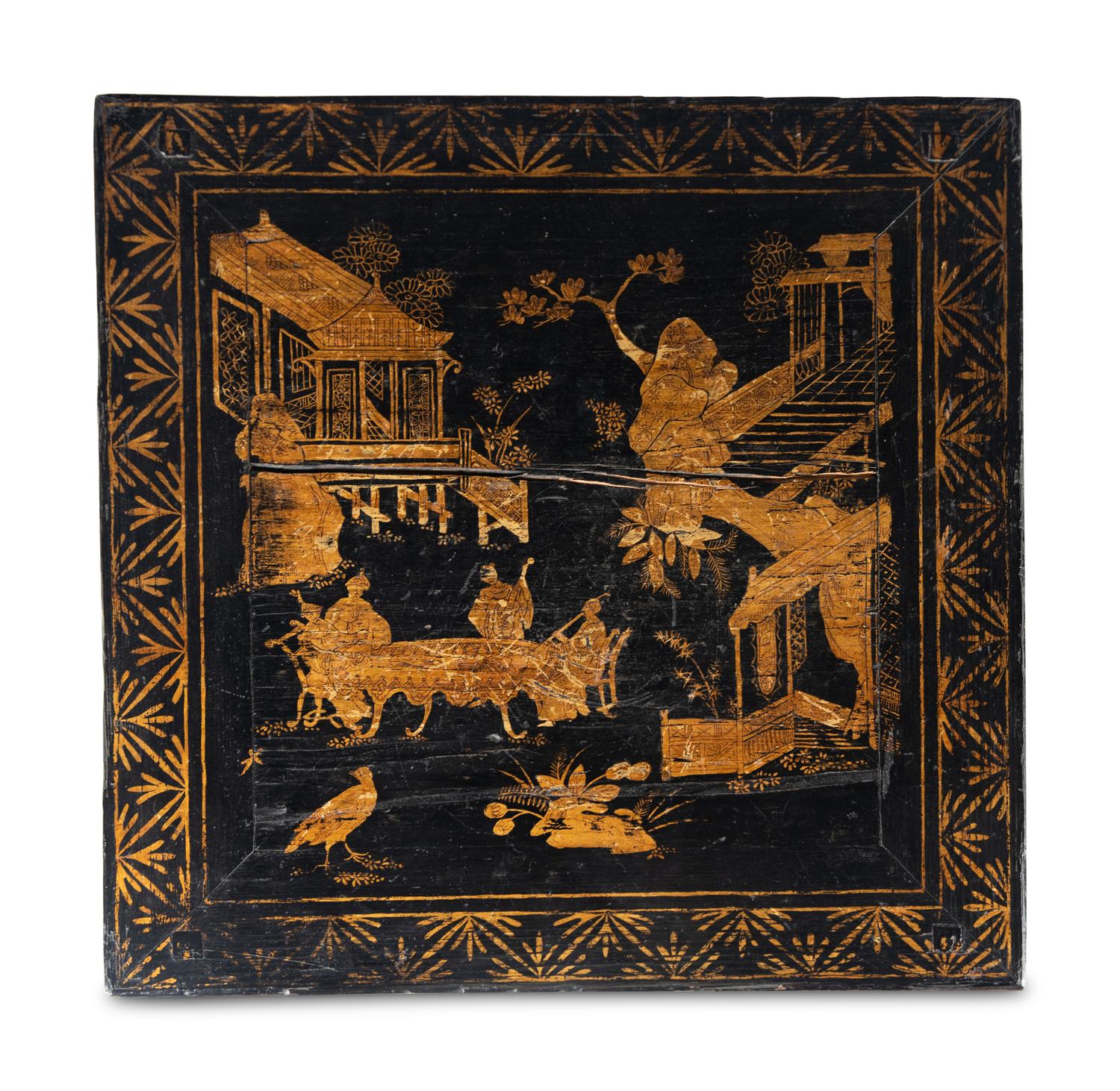A Pair of Chinese Gilt-Decorated Black Lacquer Jardinière Stands