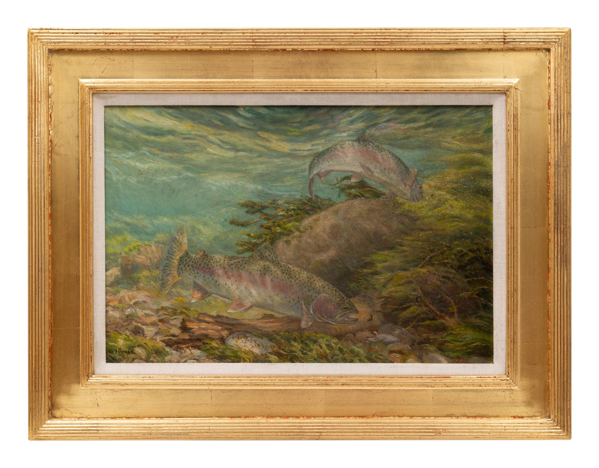 Two Works: Outlet, Lake Rotaroa , 1997, oil on board and Fish in the Stream, oil on canvas