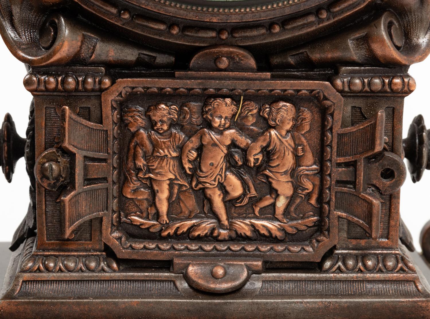 An Ansonia Prosperity Silvered Metal Figural Mantel Clock