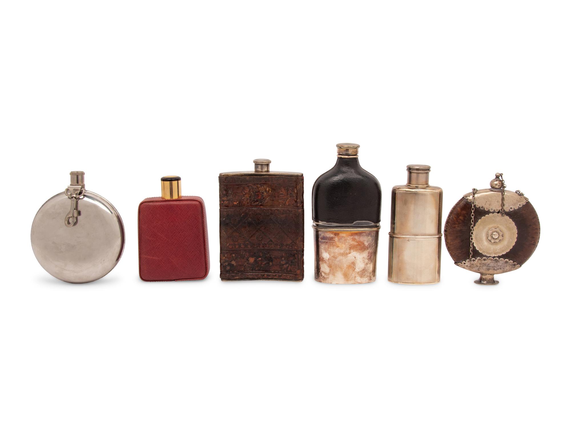 A Group of Six Silver, Silver-Plate, Leather and Wood Mounted Flasks