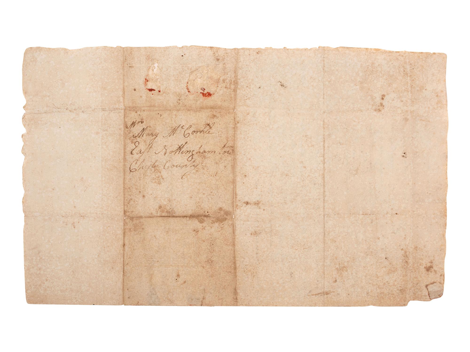 [WHISKEY REBELLION]. Letter from Pennsylvania militiaman William McCorkle describing "insurgents" in western Pennsylvania. "Headquarters Carlisle [PA]. November 12 1794."
