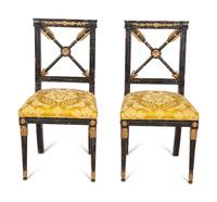 A Pair of Italian Ebonized and Parcel Gilt Side Chairs with Scalamandré Upholstered Seats