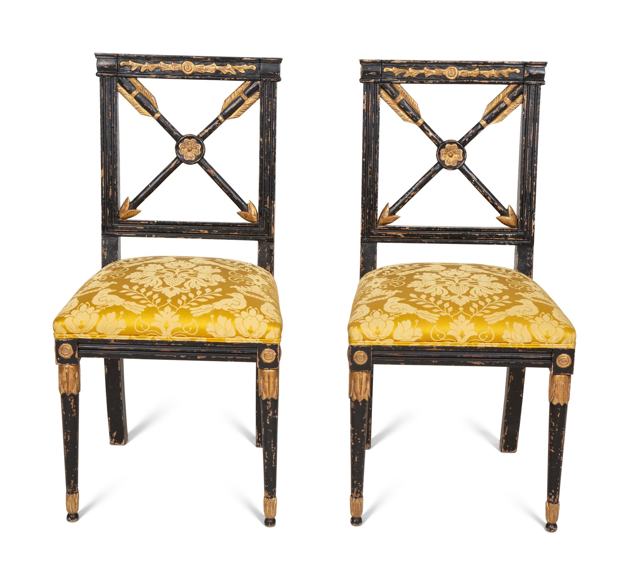 A Pair of Italian Ebonized and Parcel Gilt Side Chairs with Scalamandré Upholstered Seats