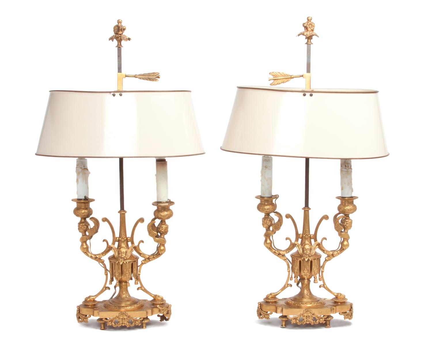 A Pair of Continental Gilt Metal Two-Light Bouillotte Lamps Height 24 inches.