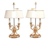 A Pair of Continental Gilt Metal Two-Light Bouillotte Lamps Height 24 inches.