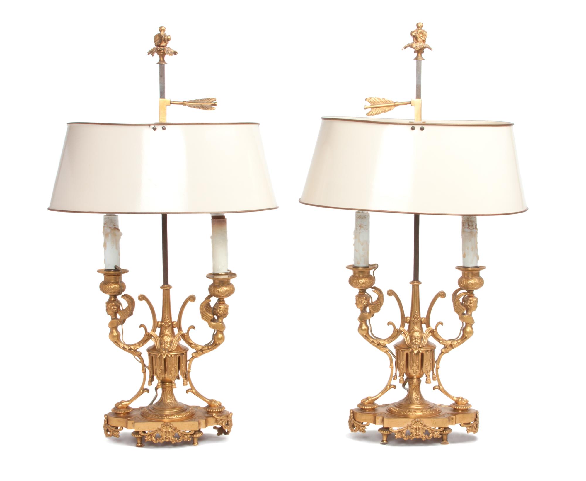 A Pair of Continental Gilt Metal Two-Light Bouillotte Lamps Height 24 inches.