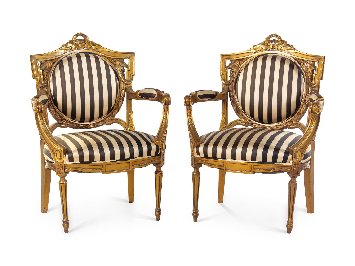 A Pair of Louis XVI Style Giltwood Fauteuils
