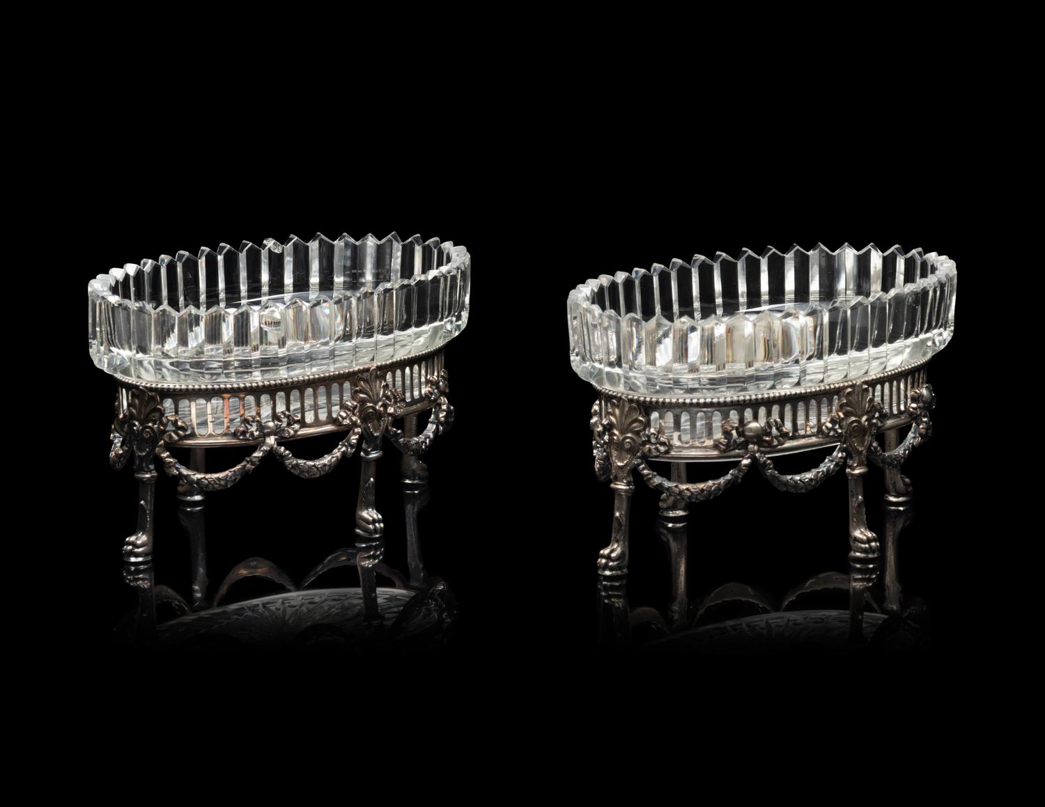 A Pair of German Silver and Cut Glass Oval Bowls