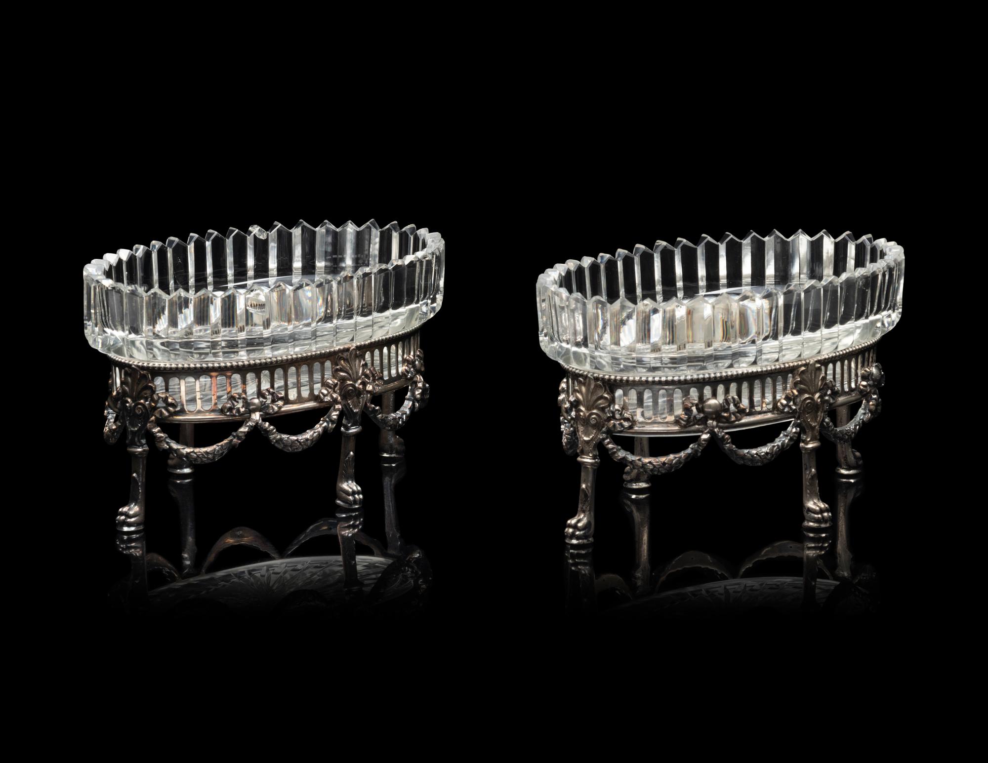 A Pair of German Silver and Cut Glass Oval Bowls