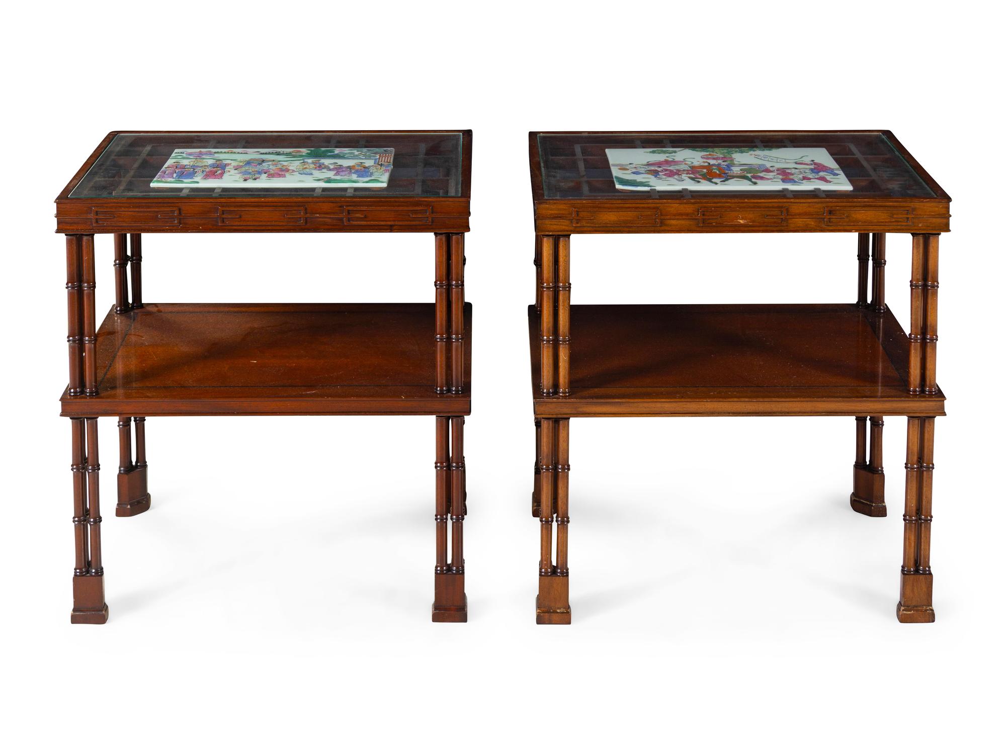 A Pair of Regency Style Porcelain Inset Mahogany Side Tables
