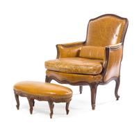 A Louis XV Style Walnut Bergere and Tabouret Height of bergere 36 inches. — LATE 19TH CENTURY